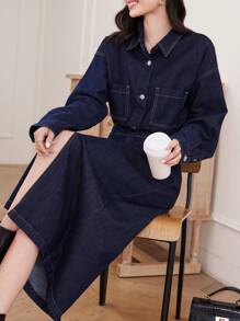 DAZY Women's Casual Denim Shirt And Midi Denim Skirt Set, Long Sleeve, Single-Breasted, Autumn - Dark Wash - View 3