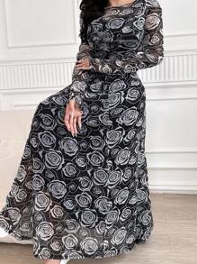Modelyn 女士长款花卉印花网眼长袖连衣裙长款晚礼服 - 黑色 - 查看 5