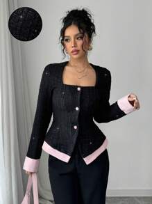 Elenzga Elegant Square Collar Color Block Single Breasted Long Sleeve Jacket For Women - Black - View 3
