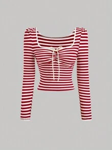SHEIN MOD Women's Contrast Bow Front Striped T-Shirt, Autumn T-Shirt, T-Shirt, Cute T-Shirt, Casual T-Shirt