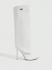 CUCCOO SZL Fashion White Metal Decor Pointed Toe Wide Leg Thin High Heel Knee-High Boots For Spring Shoes Spring Break Easter For Christmas Spring Shoes - White - View 12