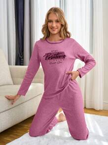 RueChic 2Pcs Slogan Graphic With Contrast Stitching Detail Tee & Pants Lounge Set - Pink - View 3