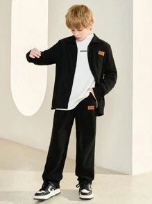 SHEIN Ragazzo Tween monocolore collo a cardigan Camicia e monocolore Pantaloni due pezzi Suit - nero - Visualizzare 3