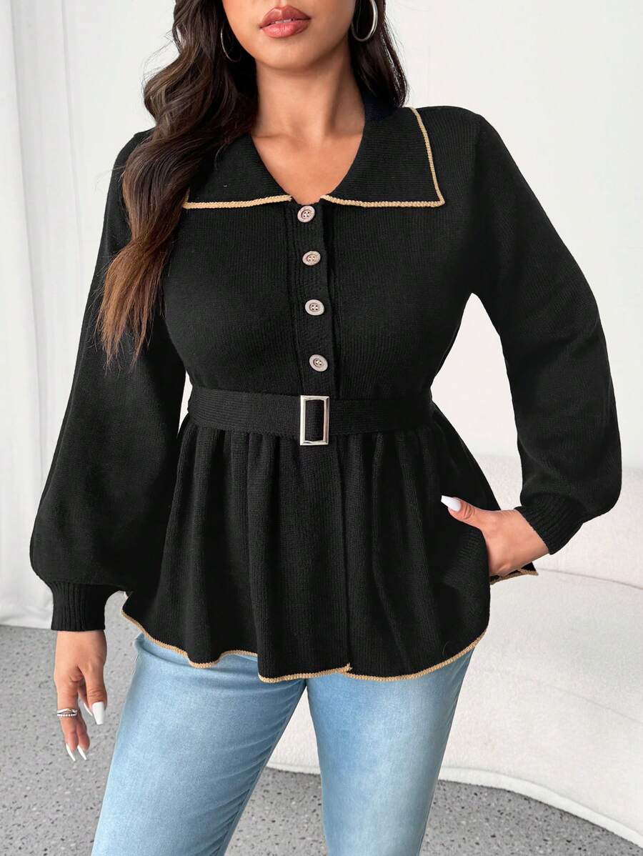 Calvaya Plus Size French Collar Button Waisted Flared Cardigan, For Autumn/Winter Fall Cloth For Women