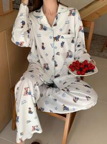 DAZY Cute Dog Allover Print Loose Pajama Set - White - View 4