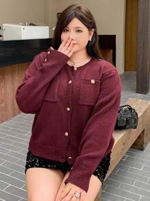 Dazy Plus Plus Size Front Button Crew Neck Fitted Burgundy Cardigan Fall,Winter - Burgundy - View 6