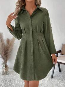 SHEIN Clasi 女士舒适灯芯绒长袖连衣裙，秋冬 - 綠色 - 查看 6