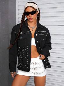 SHEIN ICON Black Dropped Shoulder Rivet Long Sleeve Washed Denim Jacket - Black - View 6
