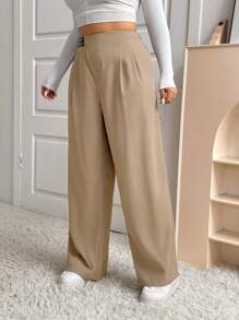 SHEIN EZwear 大码女式高腰系带不对称腰线直筒裤，秋冬款 - 巧克力棕 - 查看 5