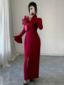 Modelyn Tailliertes & elegantes 3D-Blumen-Maxikleid mit Schlitz und Langarm für Frauen, burgunderrotes Maxikleid für Abendveranstaltungen - Bordeaux - Übersicht 6