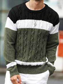 Manfinity Homme Men's Casual Everyday Contrast Color Cable Knit Pullover Sweater