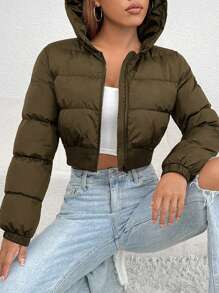 SHEIN VCAY Plus Size Simple Plain Color Cropped Hooded Padded Coat, Casual Winter