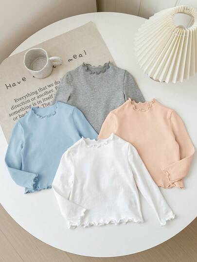 SHEIN 4 peças/conjunto bebê menina cor sólida malha elástica babados bainha camada top, outono/inverno