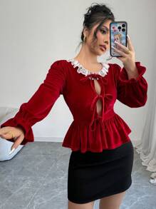 SHEIN Unity Samt Taillenraffung Langarm Damen Bluse, Winter Kleidung für Neujahr - Rot - Übersicht 3