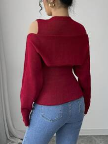 Chiquease 女士优雅纯色露肩蝴蝶结荷叶边下摆毛衣，新年针织套头衫，秋冬季款 - 紅色 - 查看 2