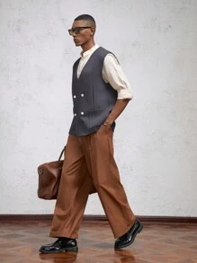 AKNOTIC Business Casual Men's Loose Fit V-Neck Knit Casual Sleeveless Vest, Suitable For Everyday Wear, For Fall Winter - Dark Grey - View 5