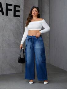 SHEIN Essnce Quần Jeans Ống Rộng Túi Hộp Size Lớn Cho Nữ Thường Ngày Đa Năng Rộng Rãi - màu đen - Xem 4