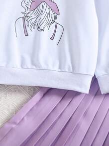 2 chiếc/bộ áo thun dài tay thường ngày cho bé gái và chân váy xếp ly - Màu tím - Xem 8