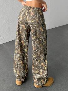 SHEIN EZwear 女士树枝印花贴袋直腿宽松休闲裤 - 棕色 - 查看 2