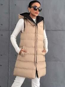 EURMUSE Petite Petite Size Zip Up Drawstring Hooded Puffer Vest Coat - Black - View 3
