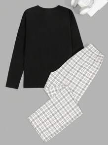EURMUSE Cotton Men Letter And Plaid Printed Regular Longsleeve Homewear Set - Black - View 2