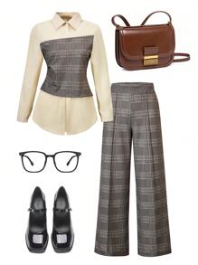 SHEIN 2pcs/Set Teen Girls Casual Urban Patchwork Contrast Color 2 In 1 Shirt And Wide-Leg Pants Suit - Multicolor - View 1