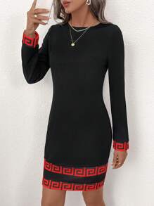 SHEIN Clasi Women's Elegant Commuter Comfortable Daily Geometric Patchwork Hem Long Sleeve Knit Dress - Red - View 3