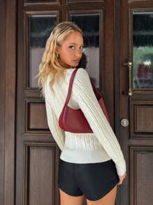 SHEIN EZwear 女式春季时尚 1 件纯色粗针织 V 领两件套毛衣 - 米色 - 查看 2