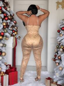 Slaydiva Sexy Christmas Printed Plus Size Women Jumpsuit With Spaghetti Straps And Sheer Details, For Party - Multicolor - View 3