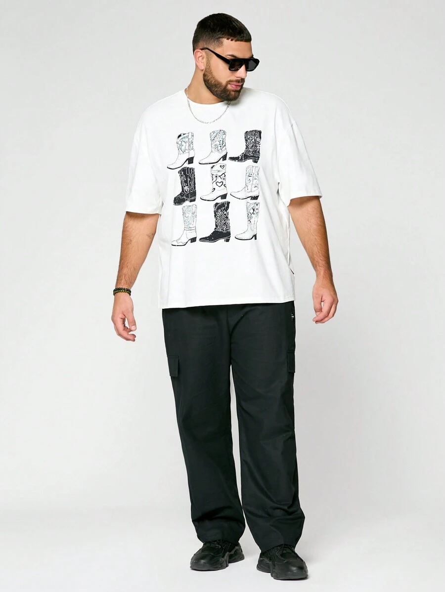 Mainfolk Plus Size Men Casual Denim Boots Print T-Shirt And Pants Set - Black and White - View 1