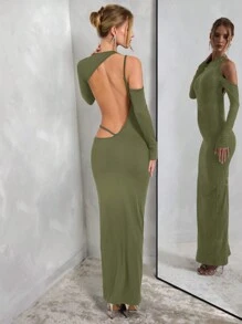 SHEIN BAE 1 件女式纯黑色不对称露肩长袖露背性感连衣裙，适合秋冬季分层/吊带裙、鸡尾酒会、浪漫约会、派对、婚礼伴娘、夜间外出、万圣节、圣诞节 - 軍綠色 - 查看 4