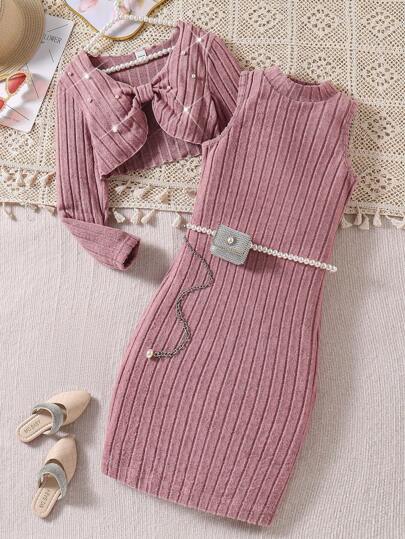 2pcs/Set Tween Girl Pearl Decor Long Sleeve Top And A-Line Hem Sleeveless Dress, Elegant Casual Outfit For Spring/Autumn Summer Holiday