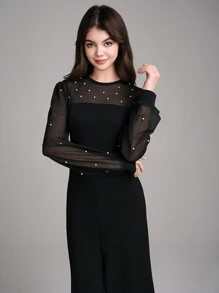Teen Girl Elegant Party Prom Faux Pearl & Mesh Contrast Jumpsuit
