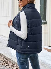 Calvaya 女士纯色前拉链休闲羽绒背心，冬季服装 - 藏蓝色 - 查看 2