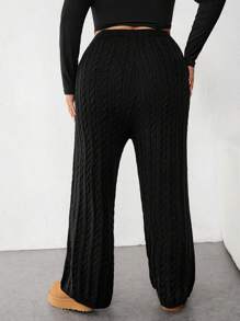 SHEIN CURVE+ Plus Size Women Solid Color Minimalist High Waist Jacquard Flare Pants, Knitted Trousers For Casual Daily Wear, Autumn & Winter - Black - View 2