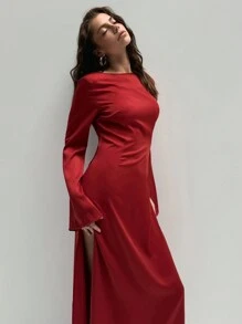 Aloruh Women's Elegant Winter Dress Christmas Party Dress Birthday Dress New Year's Dress Old Money Style Simple Commuting Dress Burgundy Long Sleeve High Slit Dress Backless Sexy Dress Red Dress Dress - Burgundy - View 5