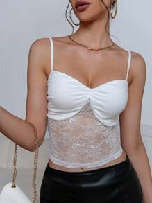 SHEIN Privé 女士夏季休闲撞色蕾丝荷叶边吊带背心 - 白色 - 查看 4