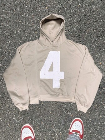 Manfinity RebelGame Men Casual Minimalist Digit Print Drop Shoulder Loose Fit Hooded Sweatshirt, Autumn/Winter Graphic Long Sleeve Khaki Hoodie, For Friends, Husband, Boyfriend Gifts