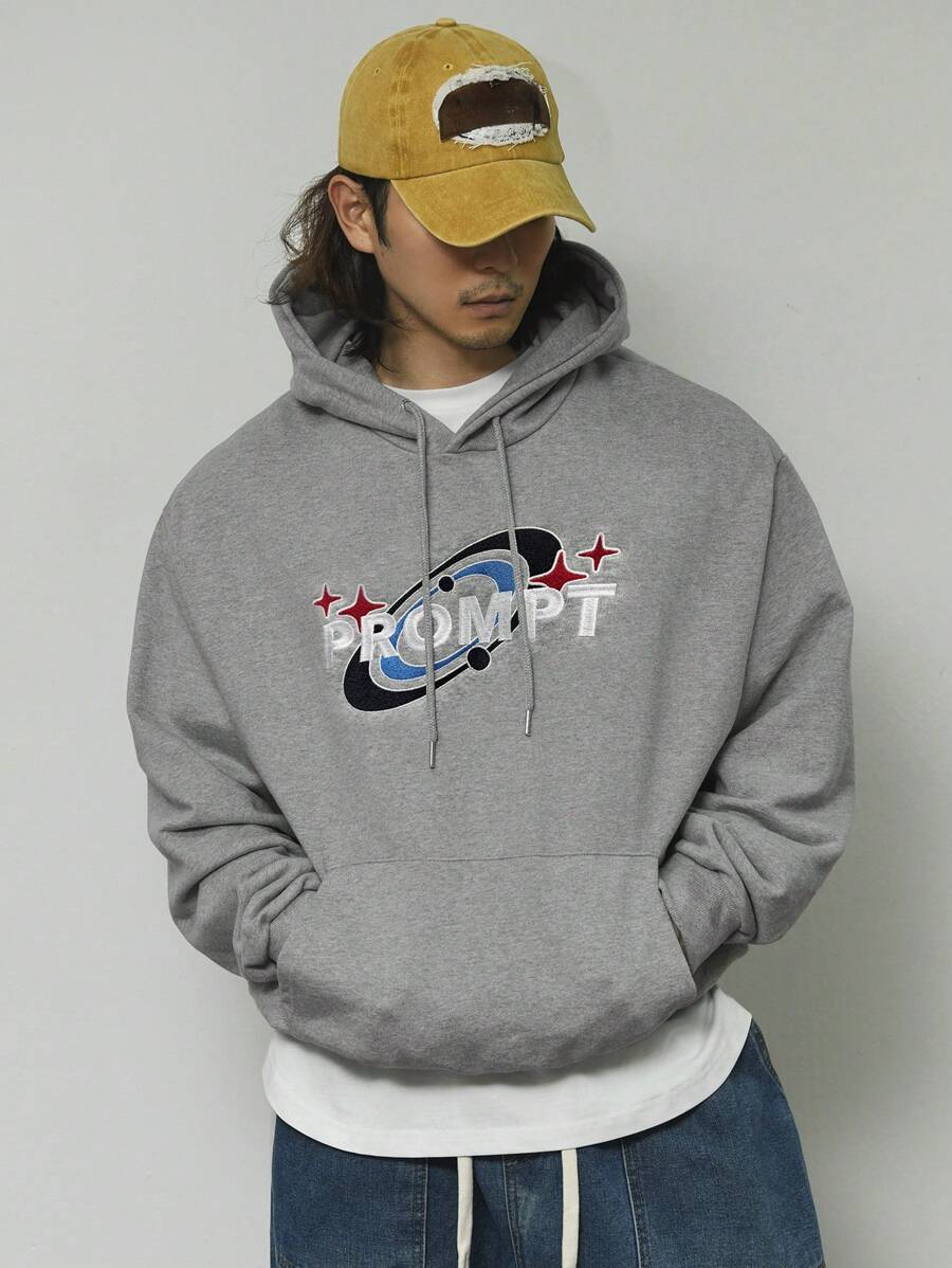 DAZY Men's Letter Print Drawstring Hooded Long Sleeve Sweatshirt, Autumn - Grey - View 1