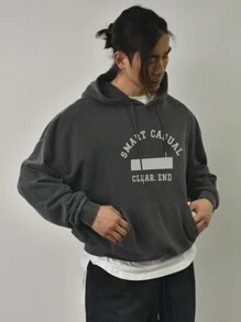 DAZY 男士秋季字母印花落肩长袖抽绳连帽运动衫 - 灰色 - 查看 4