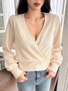 DAZY Women's Elegant V-Neck Cross-Wrapped Long Sleeve T-Shirt, Solid Color Design, New For Autumn,Fall Women Clothes - White - View 6
