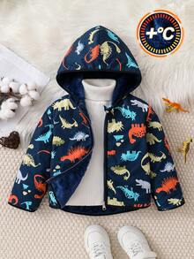 年轻女孩保暖内衬防风连帽夹克，春秋季时尚厚垫外套 - 藏蓝色 - 查看 1