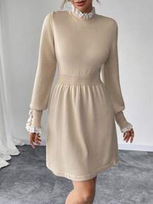 SHEIN Clasi Apricot Floral Embroidery Round Neck Long Sleeve Dress Fall Cloth For Women