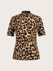 SHEIN EZwear 2件/套 女士豹纹高领修身长款半袖打底衫 - 彩色 - 查看 3