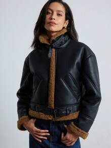 Aveloria Modichic New Autumn/Winter Women PU Leather Short Faux Shearling Thermal Lined Jacket, Women Leather Jacket Faux Leather Aviator Jacket With Borg Lining 