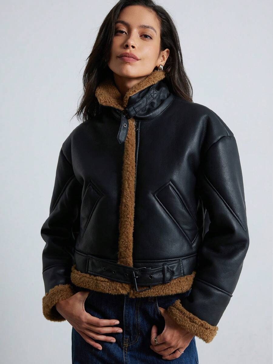 Aveloria Modichic New Autumn/Winter Women PU Leather Short Faux Shearling Thermal Lined Jacket, Women Leather Jacket Faux Leather Aviator Jacket With Borg Lining 