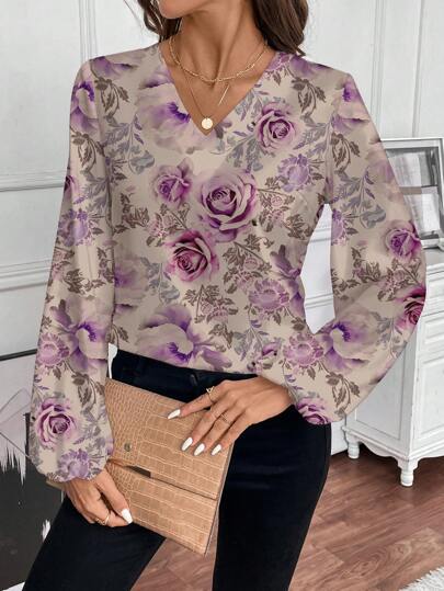 Glamance N_Standard Blusas multicolor para mujer de manga larga, cuello en V, casuales, con estampado floral y de plantas por toda la prenda, para verano, salidas, oficina, negocios casuales, otoño, día, noche, viajes, aeropuerto, ropa de calle, ropa de otoño, modestas, fluidas, elegantes, chic, estilosas, colección de ropa de invierno