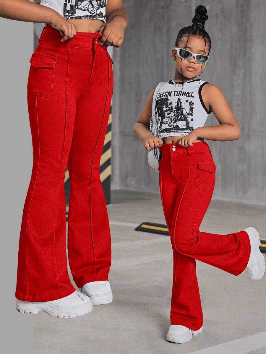 SHEIN SLAYR KIDS Tween Girls Y2K Fashion Retro Style Grey Flap Detail Seam Detail Denim Flare Leg Jeans Pants, Girls Fall Clothes Back To School Outfits