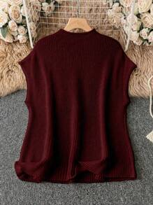 SHEIN LUNE Plus Size Women's Solid Color Knitted Stand Collar Batwing Short Sleeve Casual Pullover Sweater, Burgundy, Autumn/Winter