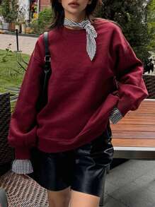 DAZY 格子蝴蝶结领宽松长袖保暖内衬女式圆领卫衣，秋季女装嘉年华 - 酒紅色 - 查看 3